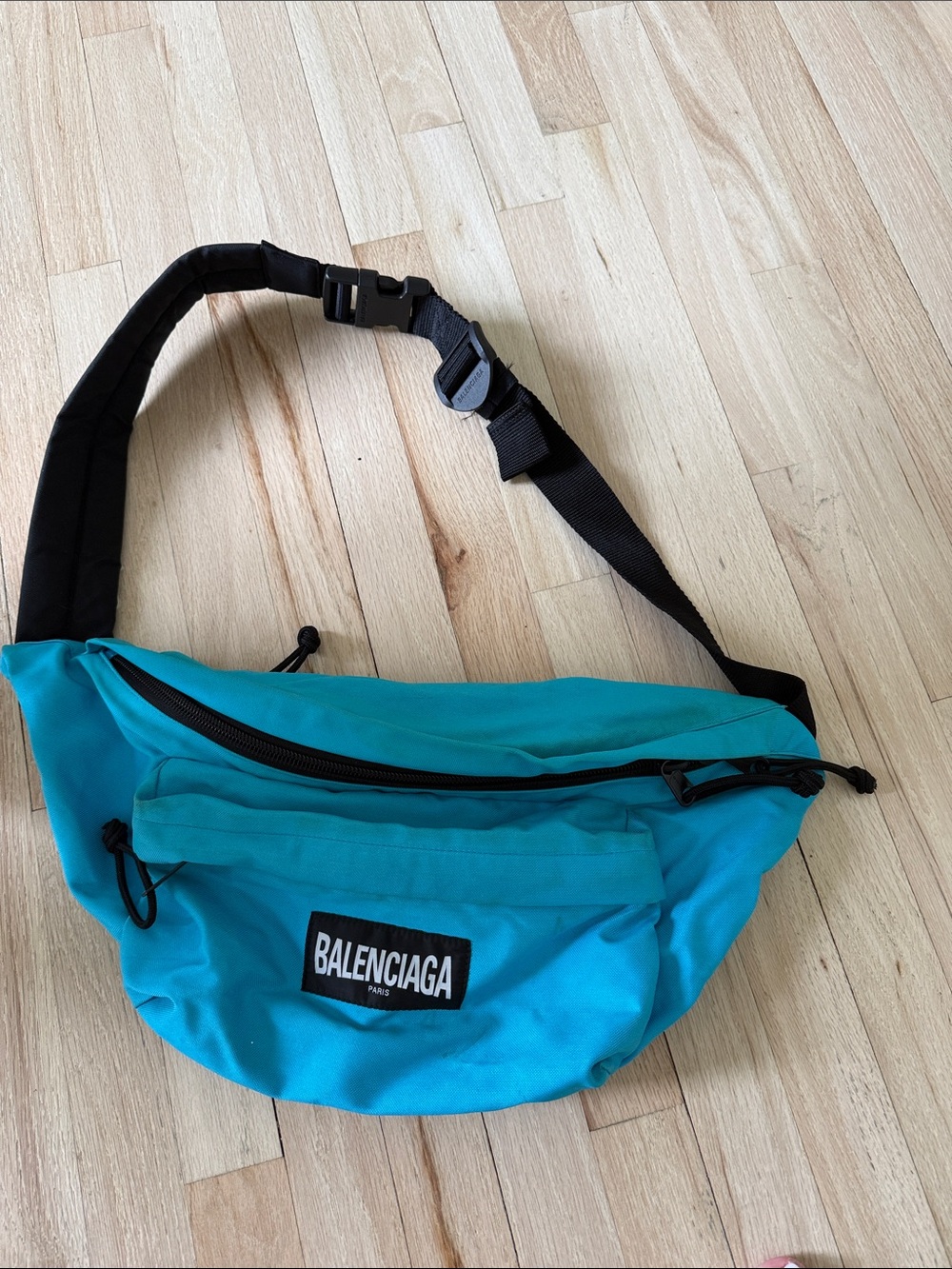 Balenciaga Men's Teal Blue Belt Bag with Black Strap